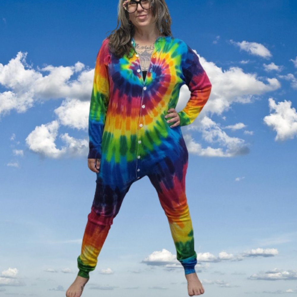 Vtg 90s SUNDOG Psychedelic Rainbow Swirl Tie Dye Union Suit Unisex XL - EUC - Picture 12 of 12